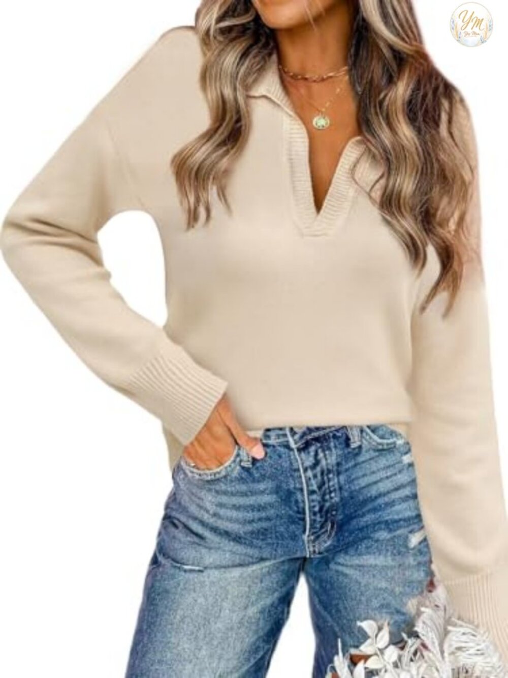 Long Sleeve V-Neck Striped 100% Acrylic Knit Sweater